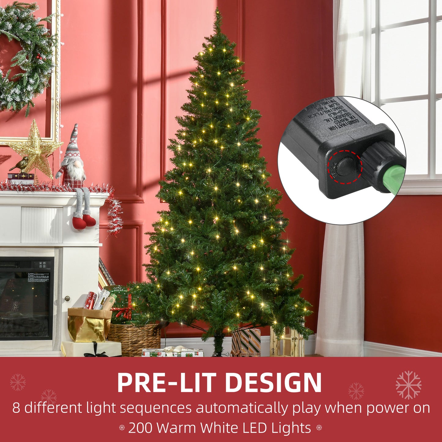 HOMCOM 6ft Prelit Christmas Tree Artificial Tree Warm White LED Light Holiday Home Xmas Decoration, Green