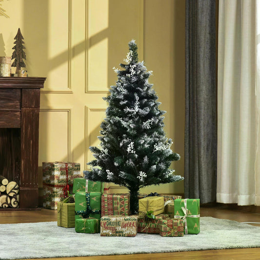 HOMCOM 4ft Artificial Snow Dipped Christmas Tree Xmas Pencil Tree Holiday Home Indoor Decoration with Foldable Feet White Berries Dark Green