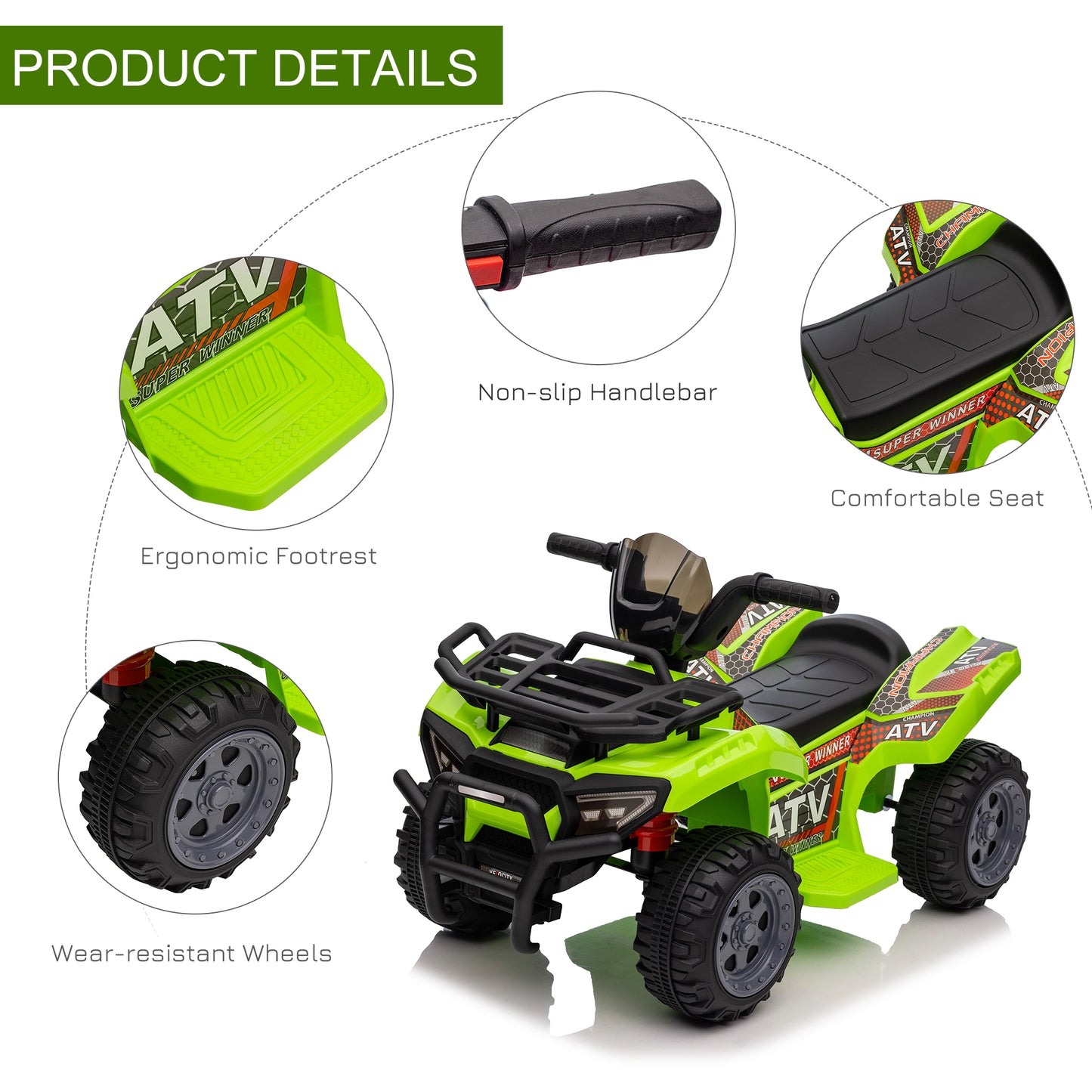 HOMCOM Kids Ride-on Four Wheeler ATV Car with Real Working Headlights, 6V Battery Powered Motorcycle for 18-36 Months, Green