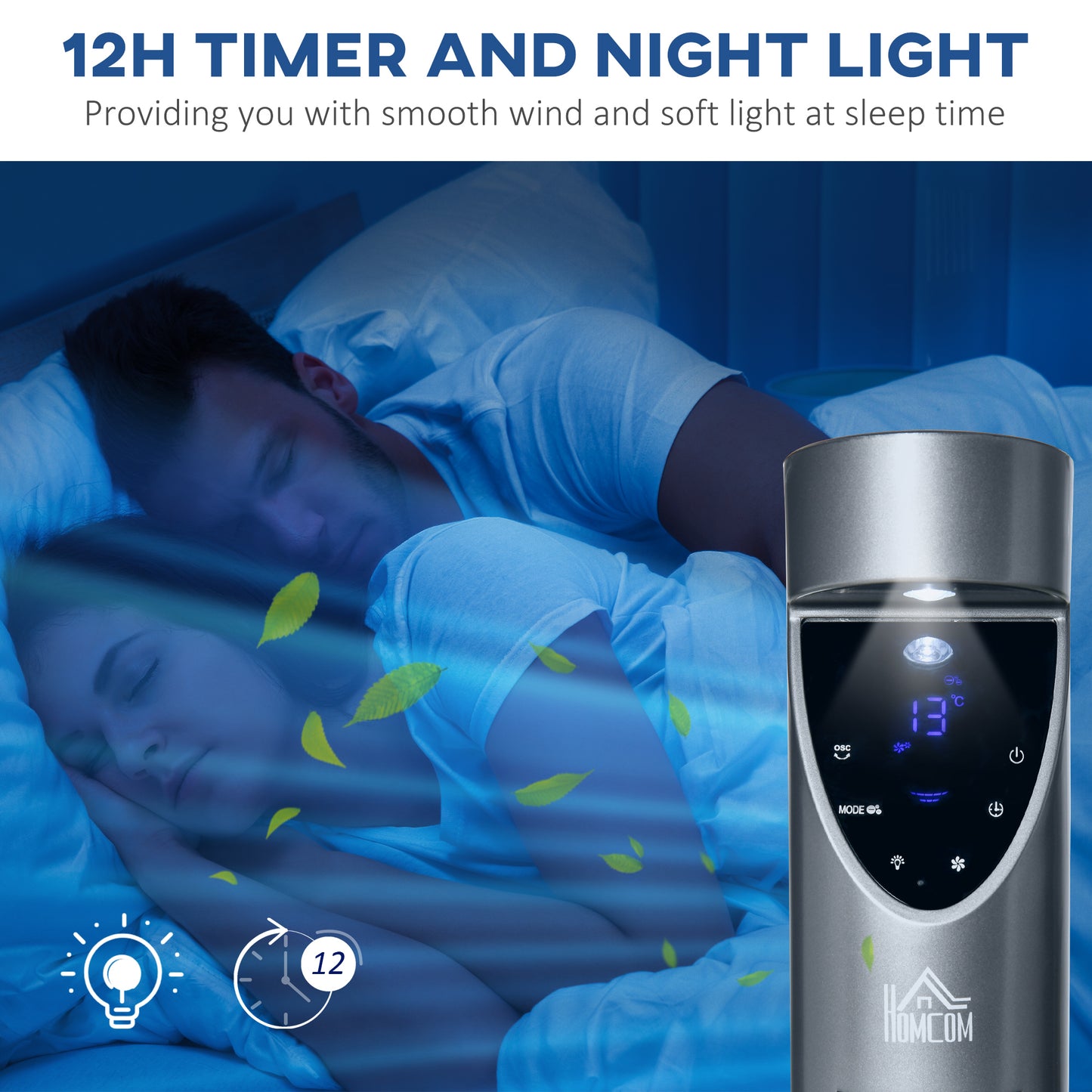 HOMCOM 46" Tower Fan Cooling with Ionizer, Air Filter, Oscillating, 3 Speed, 12h Timer, Remote Controller, for Bedroom, Grey