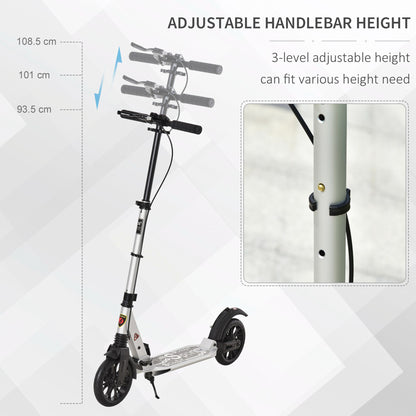 HOMCOM Adult Teens Kick Scooter Foldable Height Adjustable Aluminum Ride On Toy for 14+ with Rear Wheel & Hand Brake, Shock Mitigation System - Silver