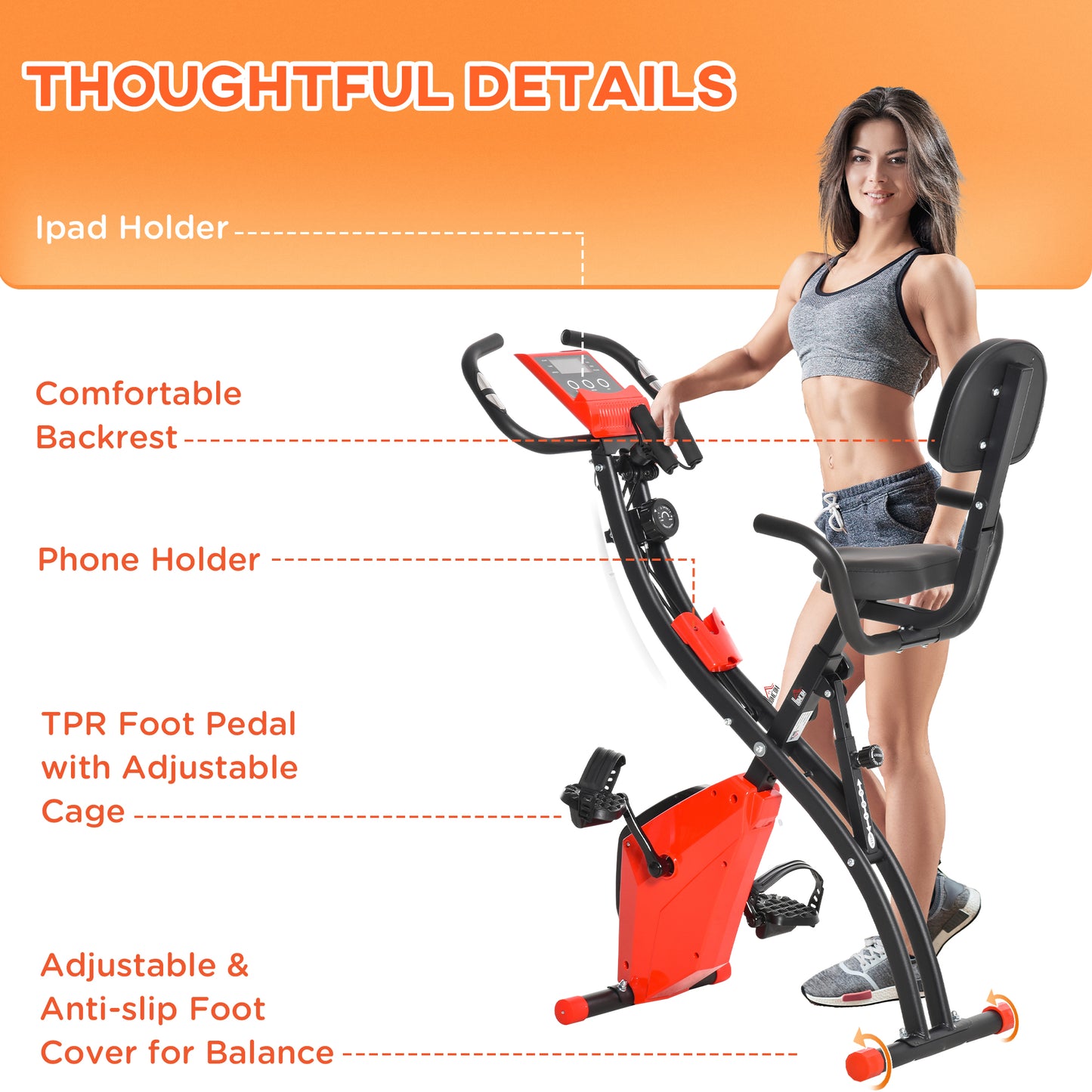 HOMCOM 2-In-1 Upright Exercise Recumbent Bike Adjustable Resistance Stationary Fitness Home Gym Foldable w/ Armrests LCD Monitor Cycling Wheels Red