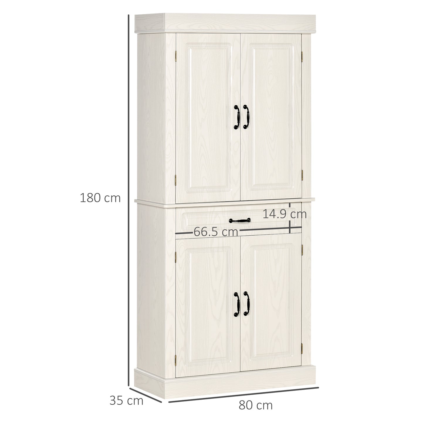 HOMCOM Kitchen Cupboard with 4 Doors, Freestanding Storage Cabinet with Wide Drawer and Shelves for Living Room, 180cm, White Wood Grain