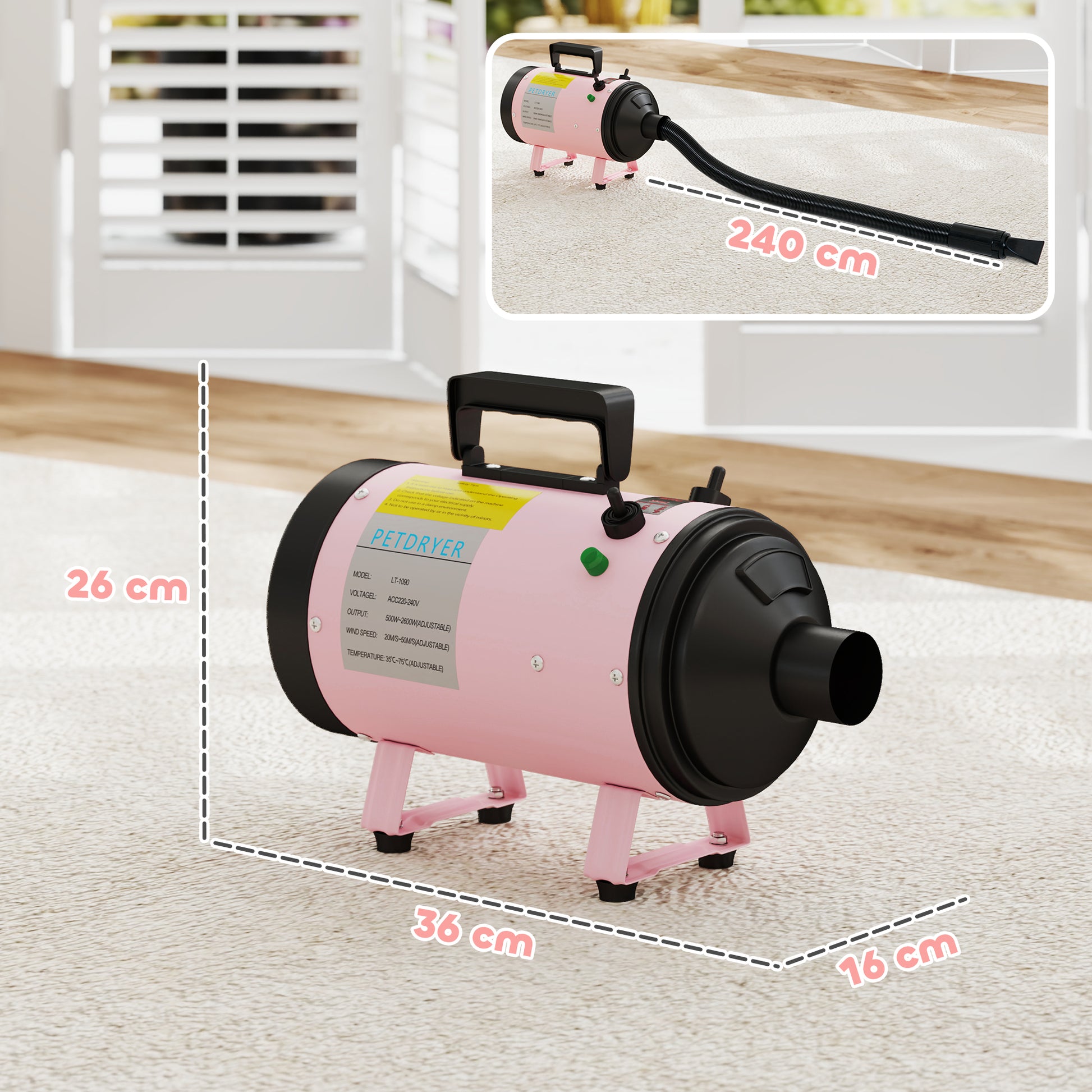 PawHut 2200W Dog Hair Dryer with Adjustable Temperature & Velocity, 3 Different Nozzles, Pink