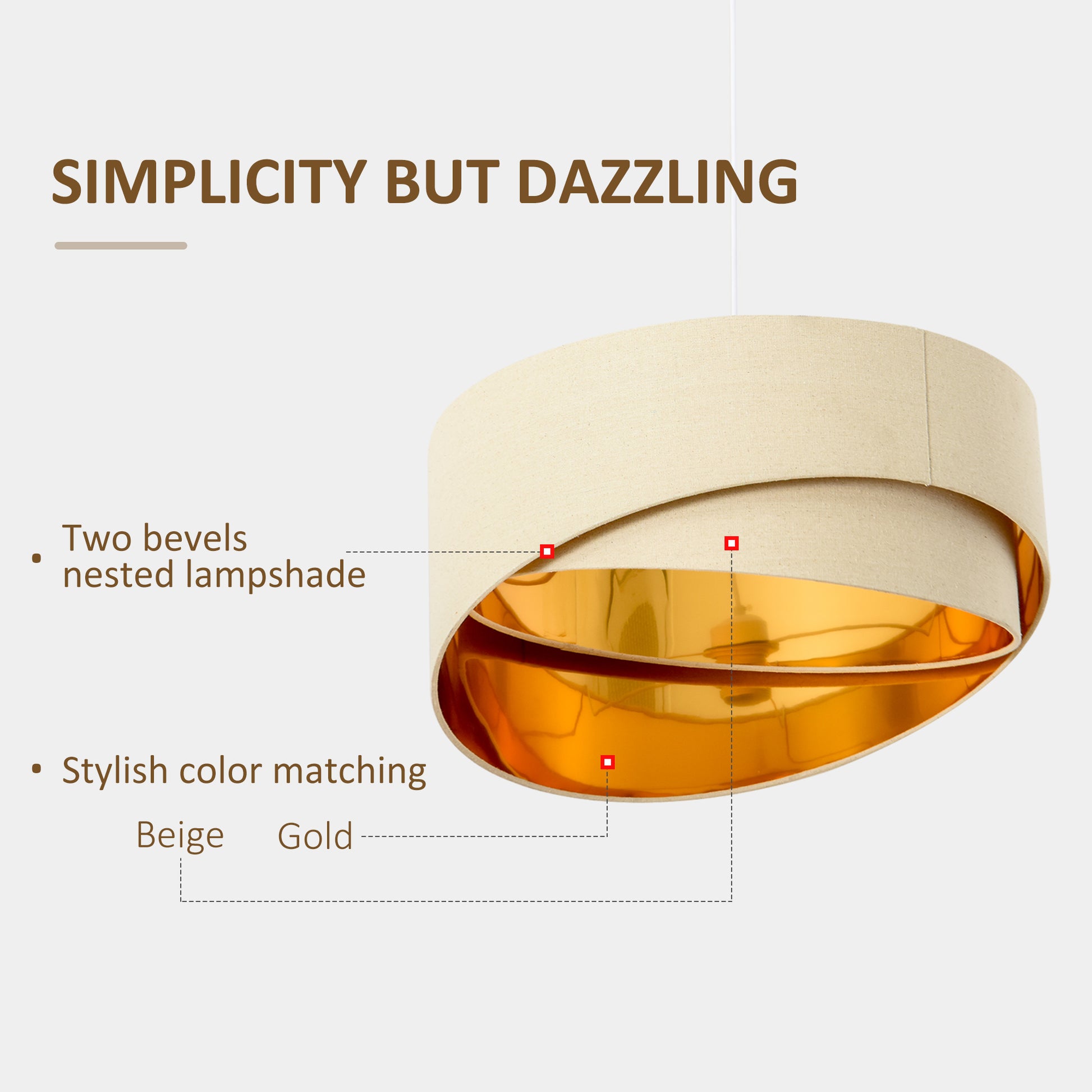 HOMCOM Modern Pendant Light with Adjustable Hanging Chain and Two Bevel Nested Lampshade, Metal Chandelier for Living Room, Bedroom, Beige and Gold
