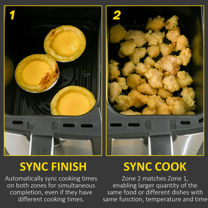 HOMCOM Dual Zone Air Fryer, 10-in-1 8L with Sync Cook & Sync Finish, 60-Minute Timer for Oil Free & Low Fat Cooking, 2400W