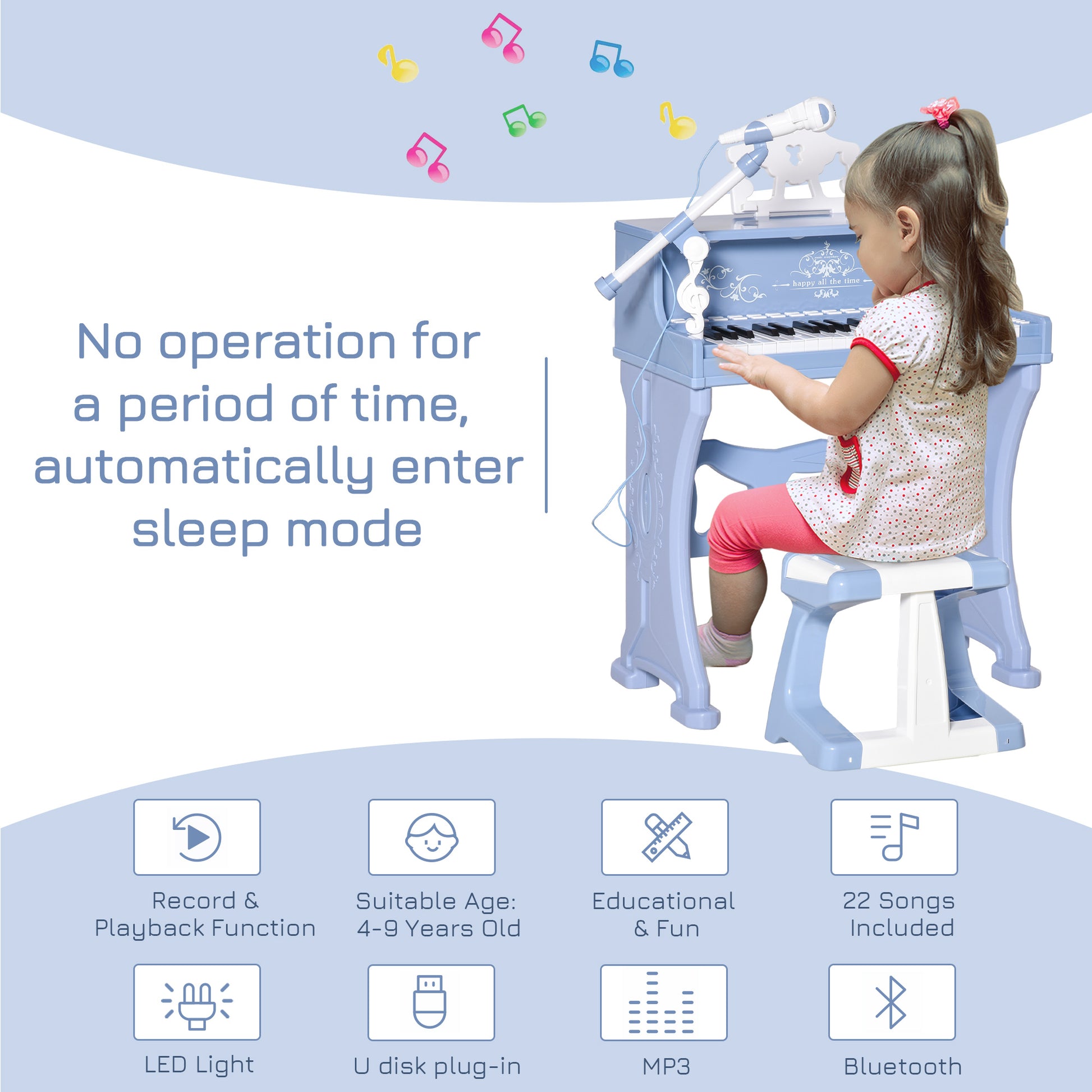 HOMCOM 37 Keys Mini Electronic Keyboard Light Kids Musical Instrument Educational Game Children Grand Piano Toy Set w/Stool & Microphone & Music Blue