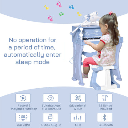 HOMCOM 37 Keys Mini Electronic Keyboard Light Kids Musical Instrument Educational Game Children Grand Piano Toy Set w/Stool & Microphone & Music Blue