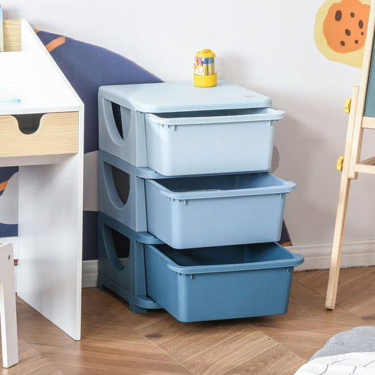 HOMCOM Kids Storage Units with Drawers 3 Tier Chest Vertical Dresser Tower Toy Organizer for  Nursery Playroom Kindergarten Blue