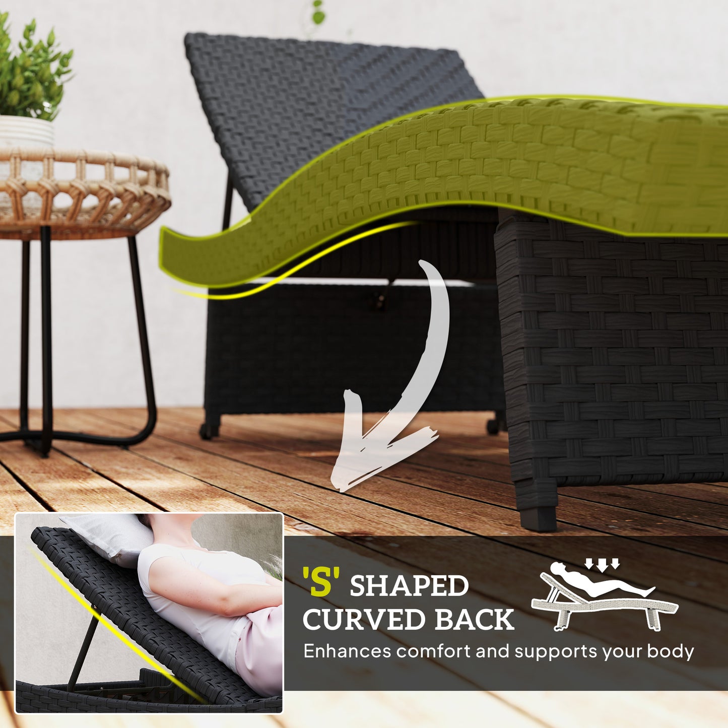 Outsunny Outdoor PE Rattan Sun Lounger, Folding Wicker Garden Lounger Recliner with 4-Level Adjustable Backrest, Rolling Sunbed Lounge Chair with Wheels, Non-Slip Legs for Balcony, Beach, Black