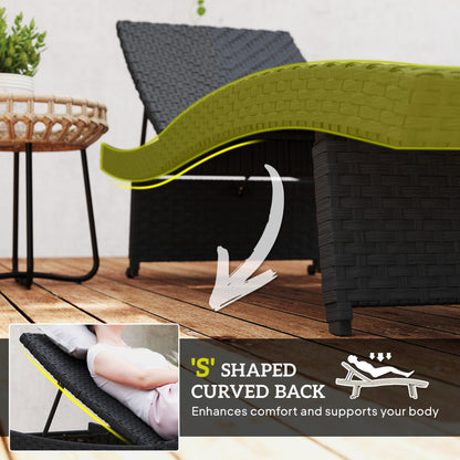 Outsunny Outdoor PE Rattan Sun Lounger, Folding Wicker Garden Lounger Recliner with 4-Level Adjustable Backrest, Rolling Sunbed Lounge Chair with Wheels, Non-Slip Legs for Balcony, Beach, Black