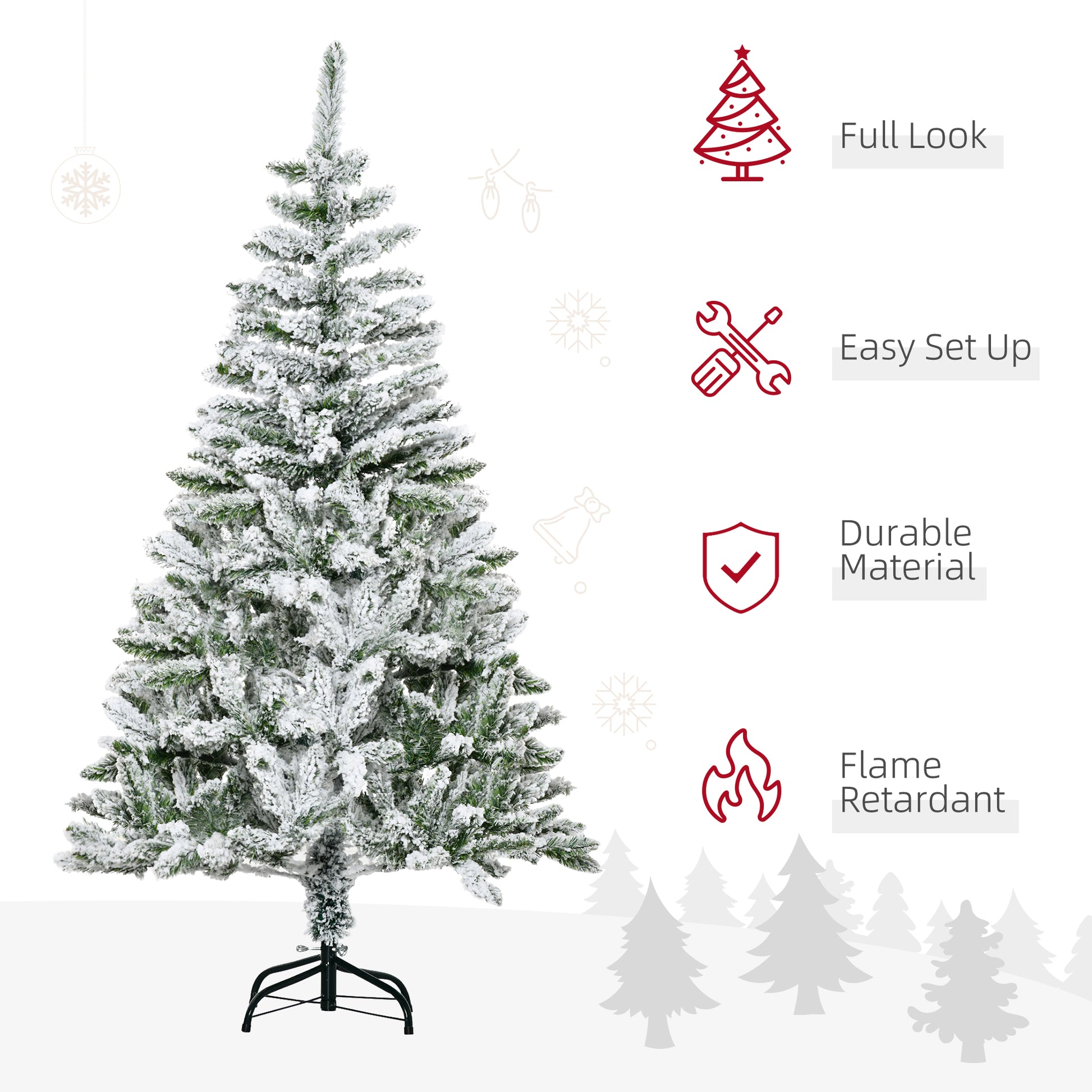 HOMCOM 5 Foot Snow Flocked Artificial Christmas Tree Xmas Pine Tree with 358 Realistic Branches, Auto Open and Steel Base, Green