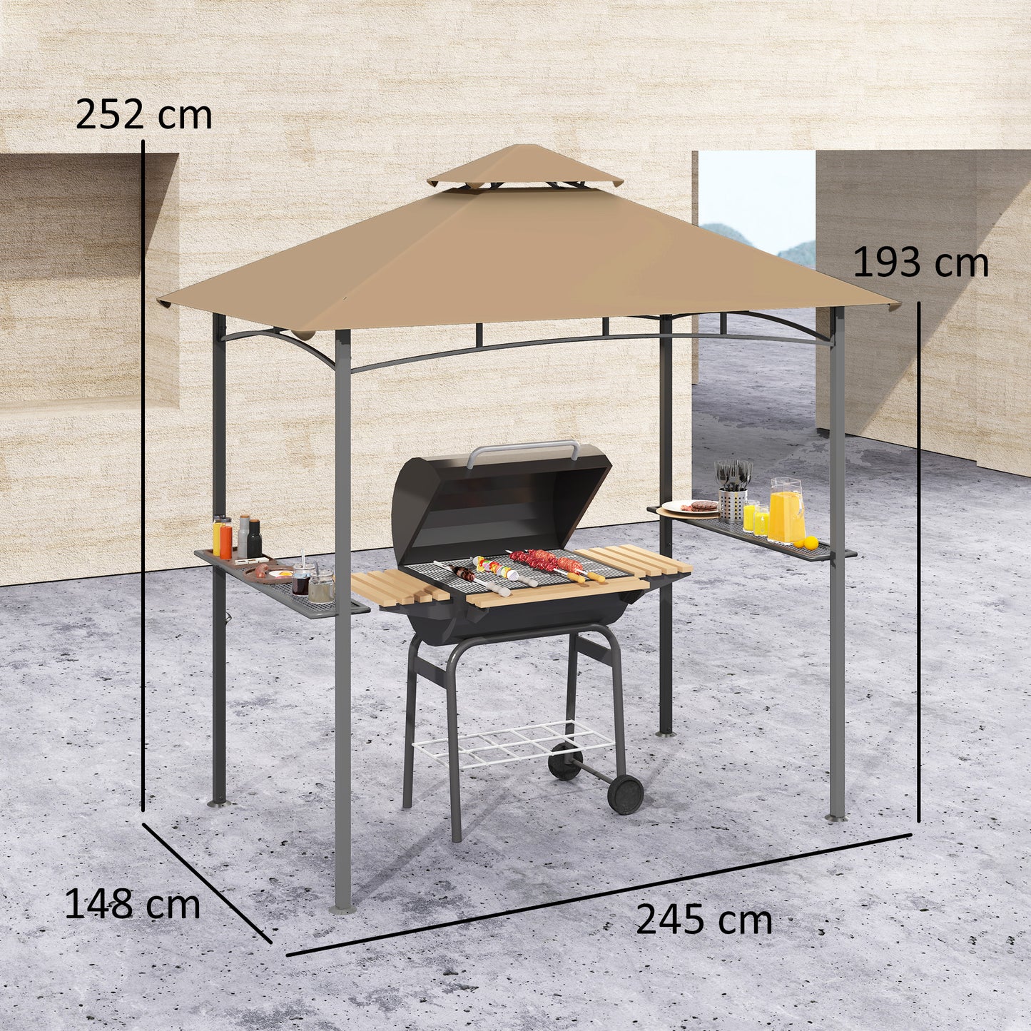 Outsunny 2.5M (8ft) Grill Gazebo Canopy, Double Tiered Outdoor BBQ Gazebo Shelter with 2 Side Shelves for Garden, Patio, Barbecue, Picnic, Khaki