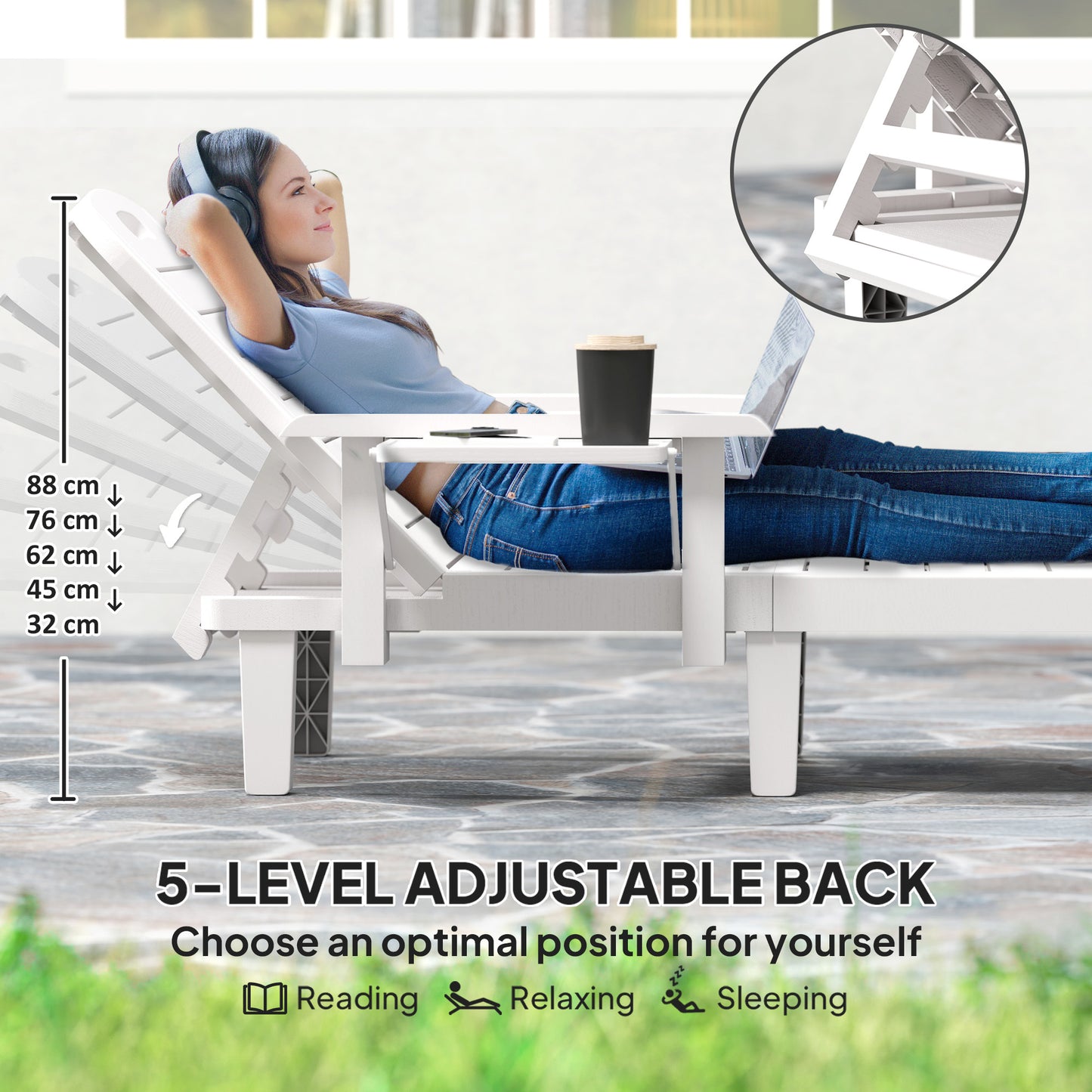 Outsunny Set of 2 Resin Reclining Sun Loungers for Garden, 5 Positions Adjustable Outdoor Chaise Lounge Chairs with Wood Texture Surface, Armrests, Foldable Side Table for Garden, Beach, White