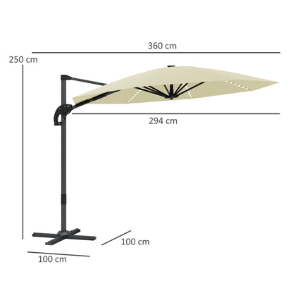 Outsunny 3(m) Cantilever Garden Parasol with Solar Powered Lights, Crank Handle & Cross Base, UPF 50+, 360° Rotation, Cream