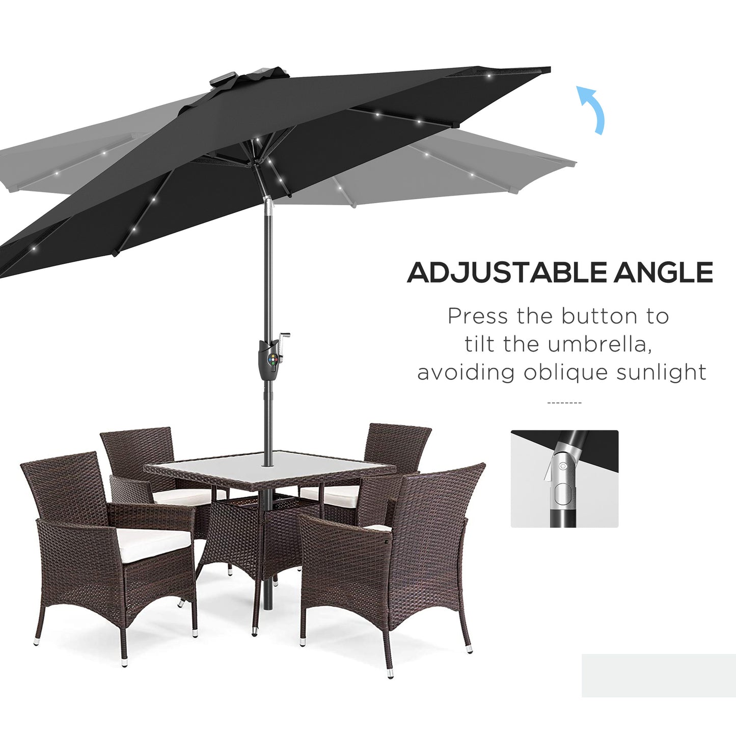 Outsunny ?2.7m Garden Parasol Solar Outdoor Tilt Sun Umbrella Patio Sun Shade w/ 24 LED Light, Hand Crank and 8 Ribs, Black