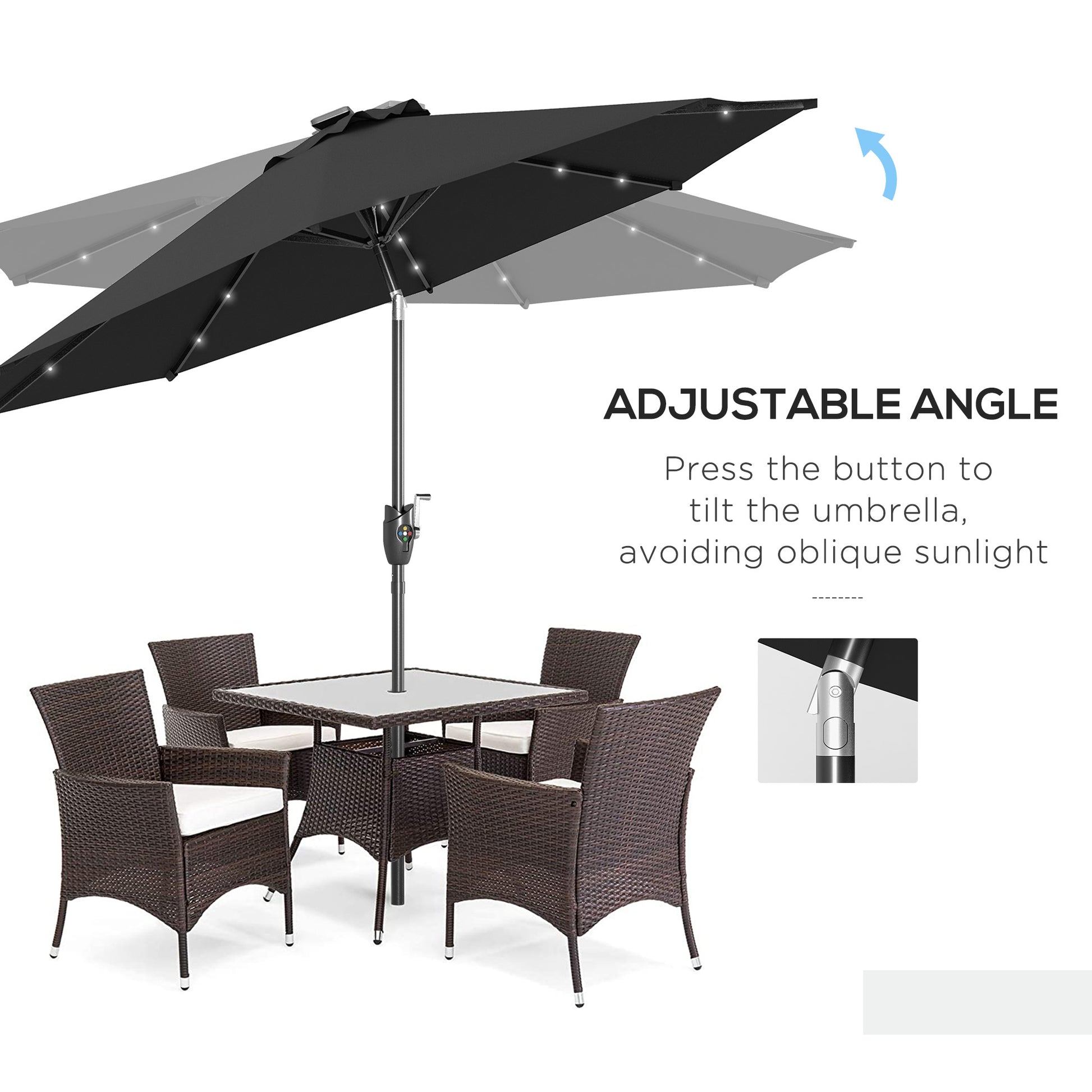 Outsunny ?2.7m Garden Parasol Solar Outdoor Tilt Sun Umbrella Patio Sun Shade w/ 24 LED Light, Hand Crank and 8 Ribs, Black