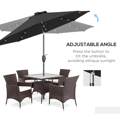 Outsunny ?2.7m Garden Parasol Solar Outdoor Tilt Sun Umbrella Patio Sun Shade w/ 24 LED Light, Hand Crank and 8 Ribs, Black