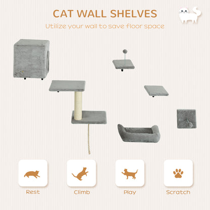 PawHut 6-Piece Cat Wall Shelves Set with Condo, Cat Wall Furniture with Platforms, Sisal Scratching Post, Bed, Toy Ball, Grey