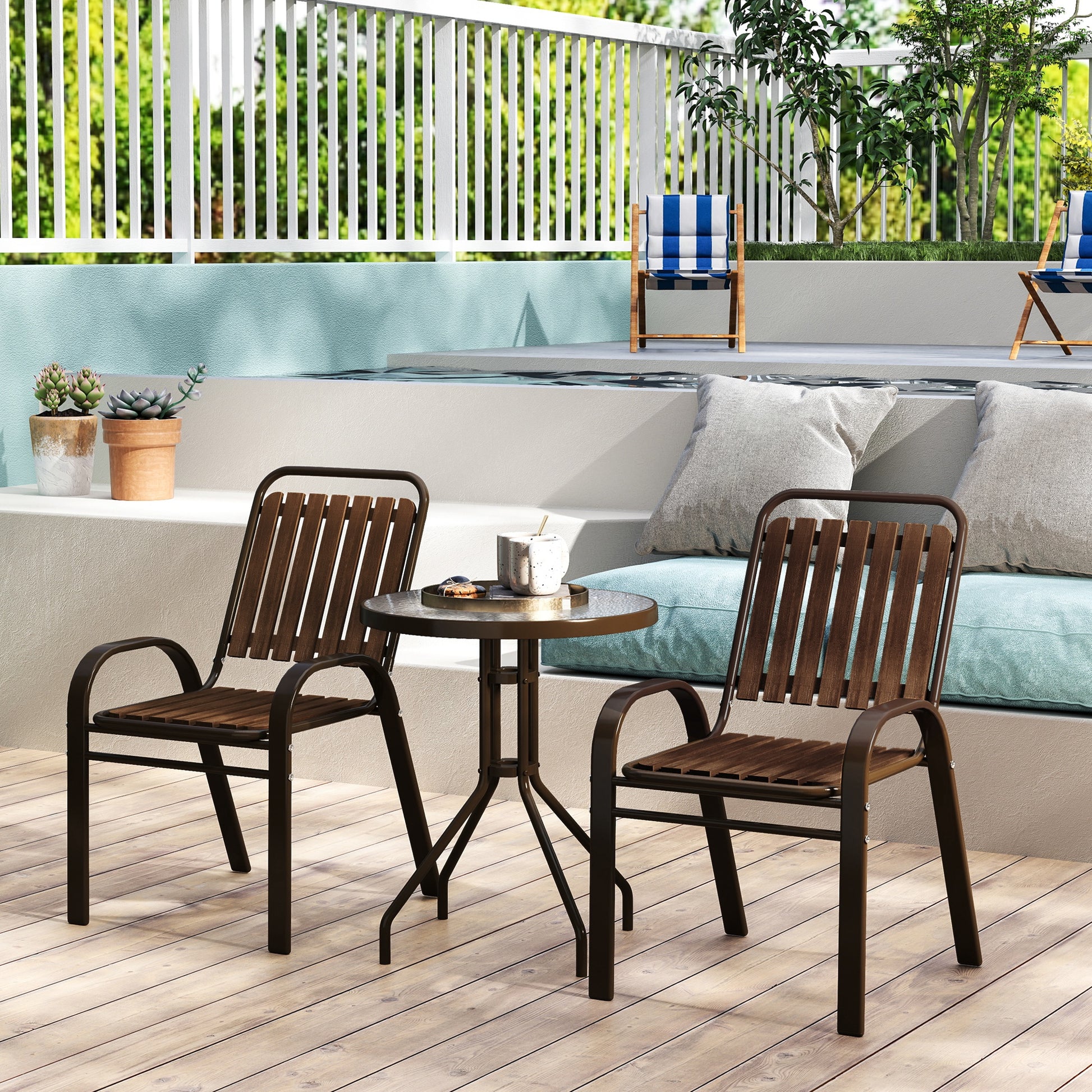 Outsunny 3 Pieces Patio Bistro Set with Stackable Chairs, Tempered Glass Table, for Outdoor, Balcony, Patio, Garden, Dark Brown