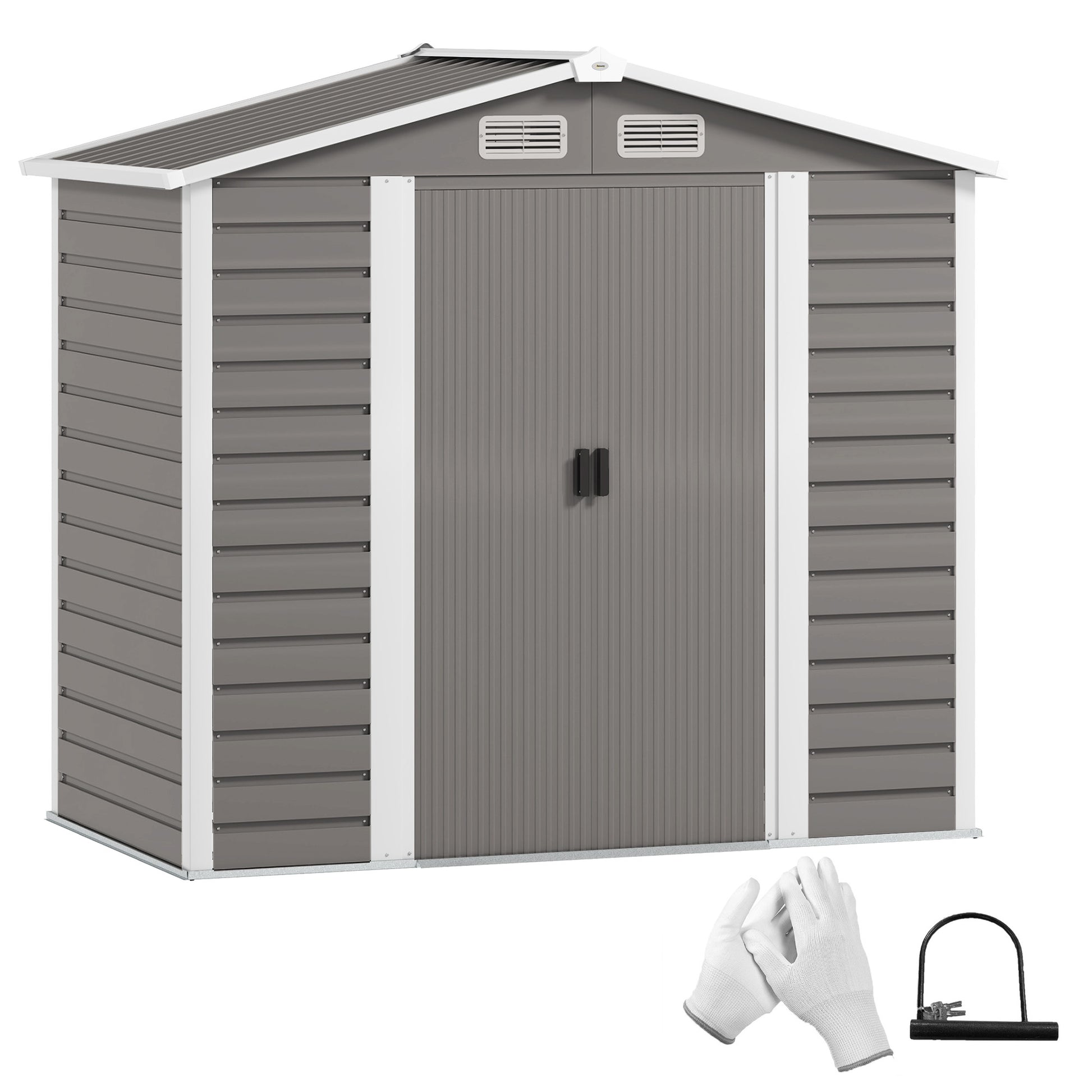 Outsunny 7 x 4ft Garden Shed, Easy to Assemble, Upgraded Galvanised Steel Frame with Foundation Kit, Double Doors with Lock, Outdoor Metal Shed with Vents and Gloves, Garden Storage Shed, Light Grey