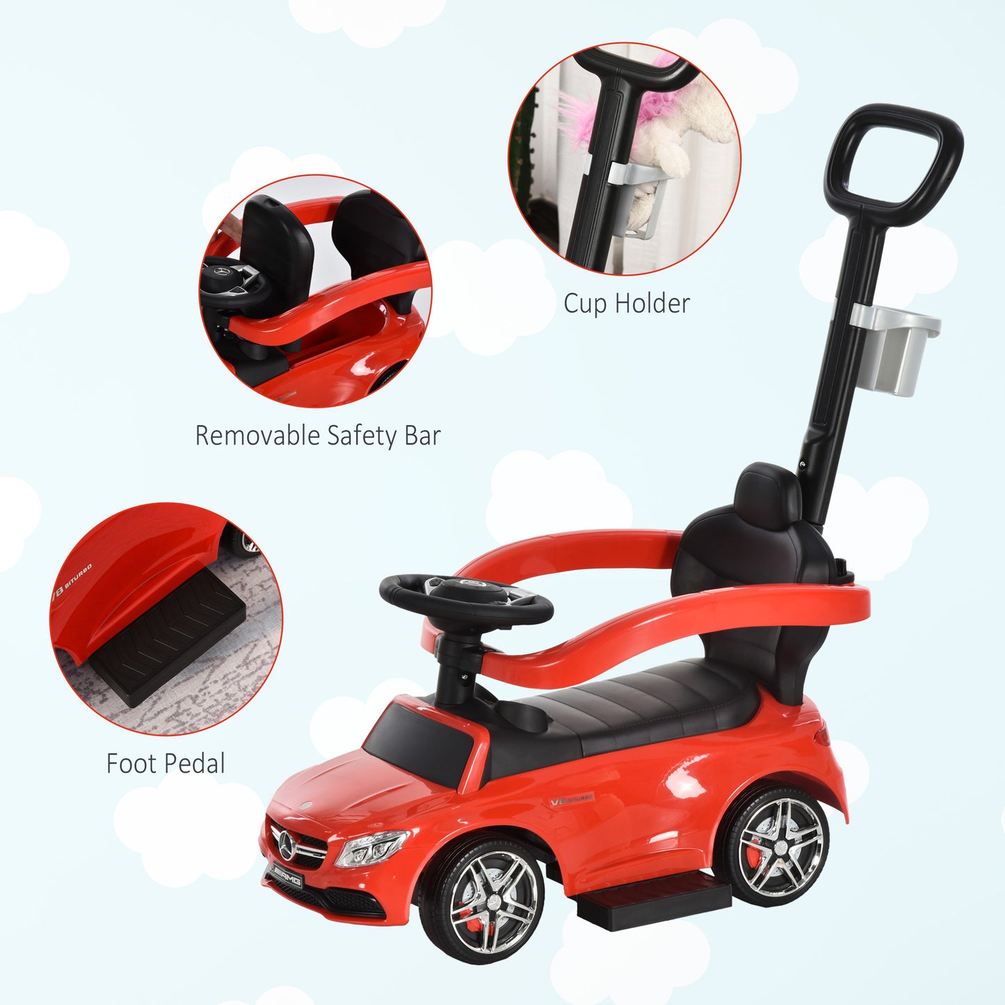HOMCOM Baby Push Along Car Toddlers Ride On Car Stroller Licensed PP Mercedes-Benz for Ages 12-36 Months, Red
