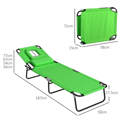 Outsunny Outdoor Folding Sun Lounger Set of 2 with Face Hole, 4 Level Adjustable Backrest Reclining Garden Lounger, Garden Recliner Sunbed with 600 D Oxford Cloth Seat and Pillow for Beach, Green