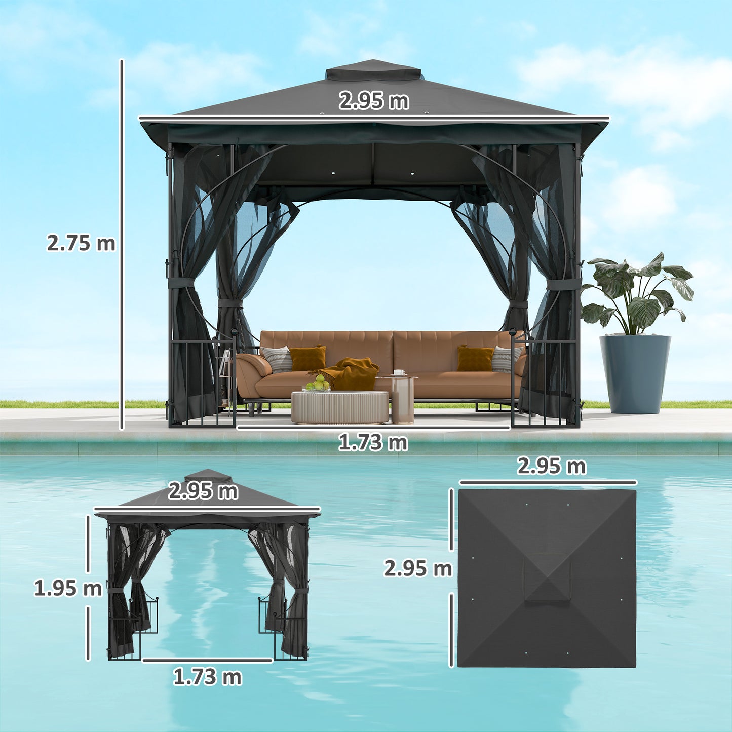 Outsunny 3 x 3(m) Garden Gazebo Patio Party Tent Shelter Outdoor Canopy Double Tier Sun Shade with Metal Frame and Netting, Dark Grey
