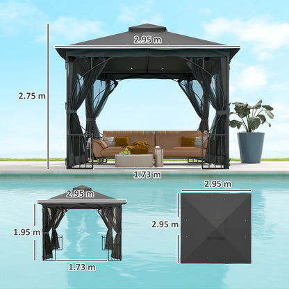 Outsunny 3 x 3(m) Garden Gazebo Patio Party Tent Shelter Outdoor Canopy Double Tier Sun Shade with Metal Frame and Netting, Dark Grey