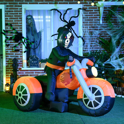 HOMCOM 9FT Long Halloween Inflatable Skull Rides a Motorcycle with Built-in LED Lights, Blow-Up Outdoor LED Garden Display for Lawn, Party