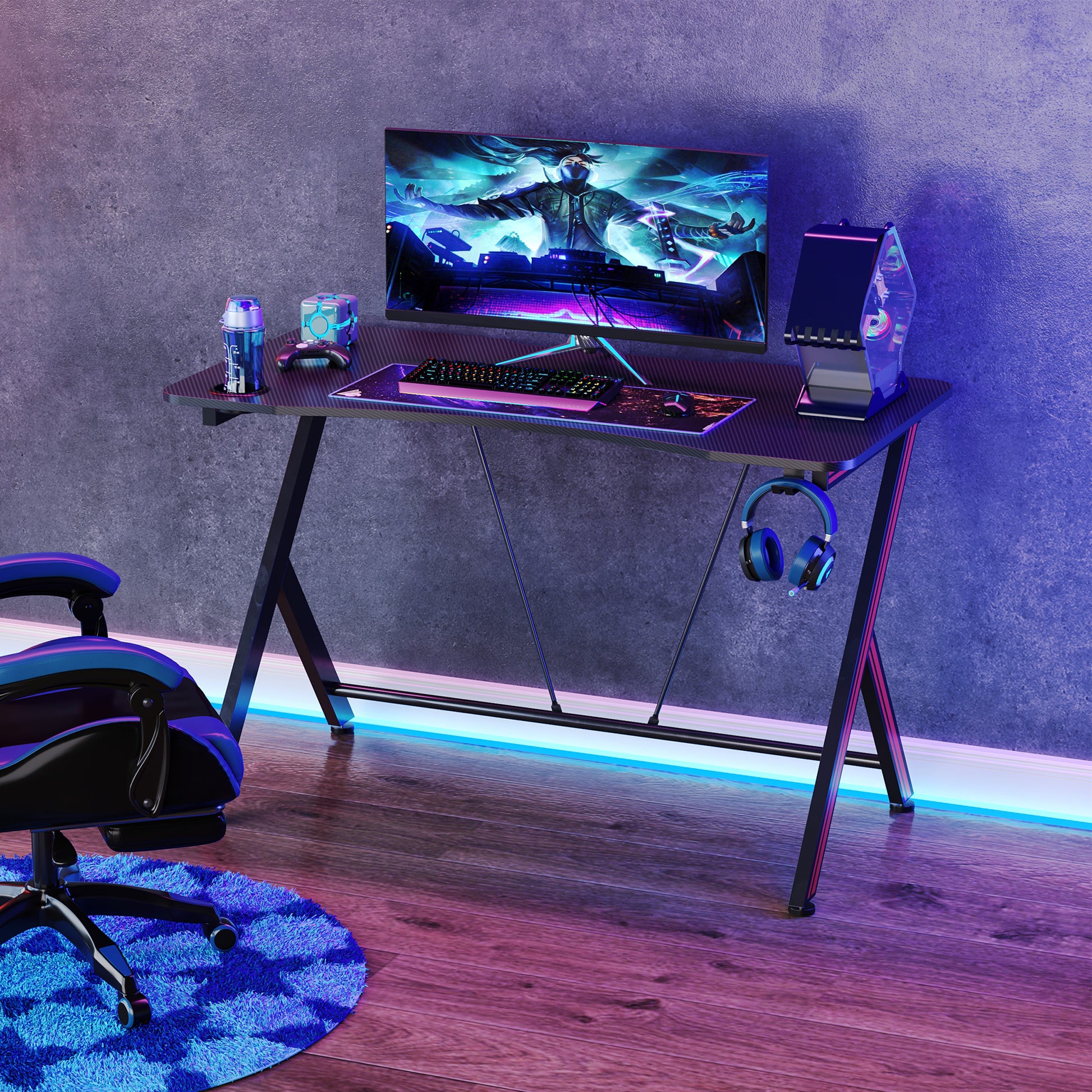 HOMCOM 120cm Gaming Computer Desk, Home Office Gamer Table Workstation with Cup Holder and Headphone Hook