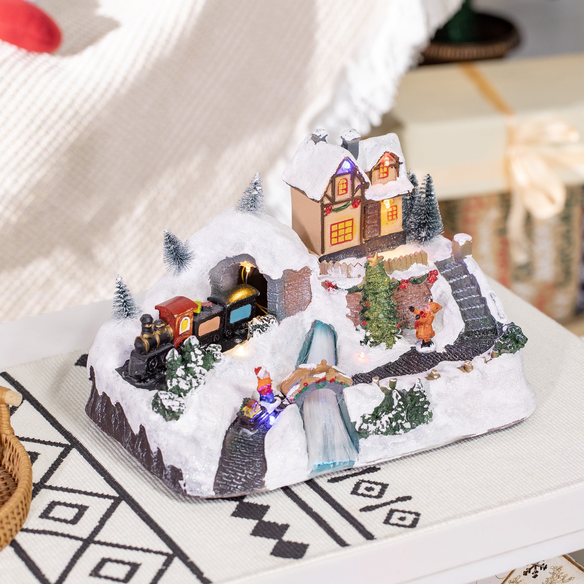 HOMCOM Animated Christmas Village Scene, Battery-Operated Musical Holiday Decoration with LED Light, Fibre Optic River, Moving Train for Tabletop