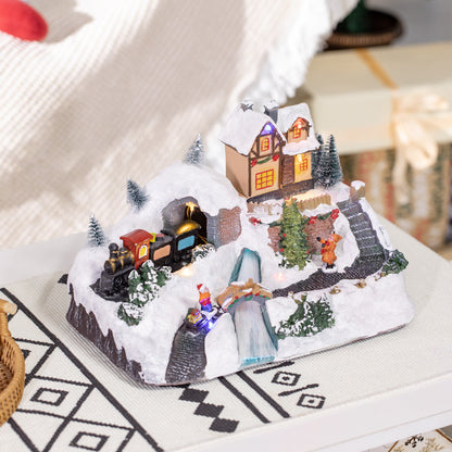 HOMCOM Animated Christmas Village Scene, Battery-Operated Musical Holiday Decoration with LED Light, Fibre Optic River, Moving Train for Tabletop