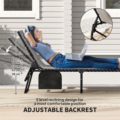 Outsunny Folding Sun Loungers Set of 2, Recliner Garden Chairs with Quick Drying Pad Headrest Side Pocket, Garden Sun Loungers for Beach Pool, Light Grey