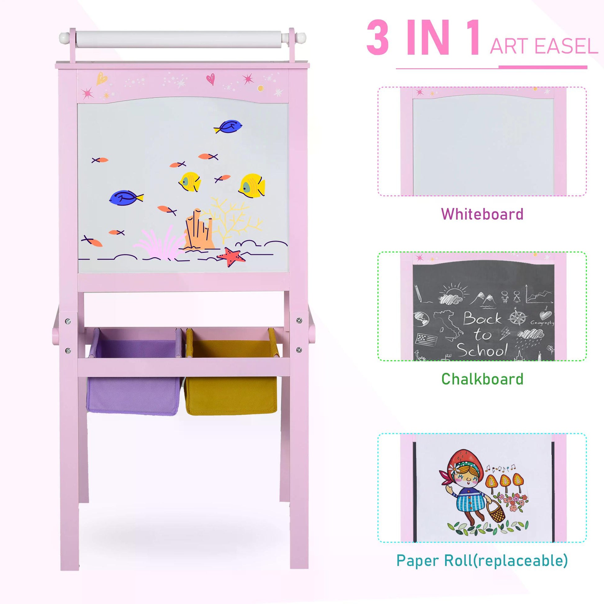 HOMCOM 3 In 1 Kids Wooden Art Easel with Paper Roll Double-Sided Chalkboard & Whiteboard with Storage Baskets Gift for Toddler Girl Age 3 Years+ Pink