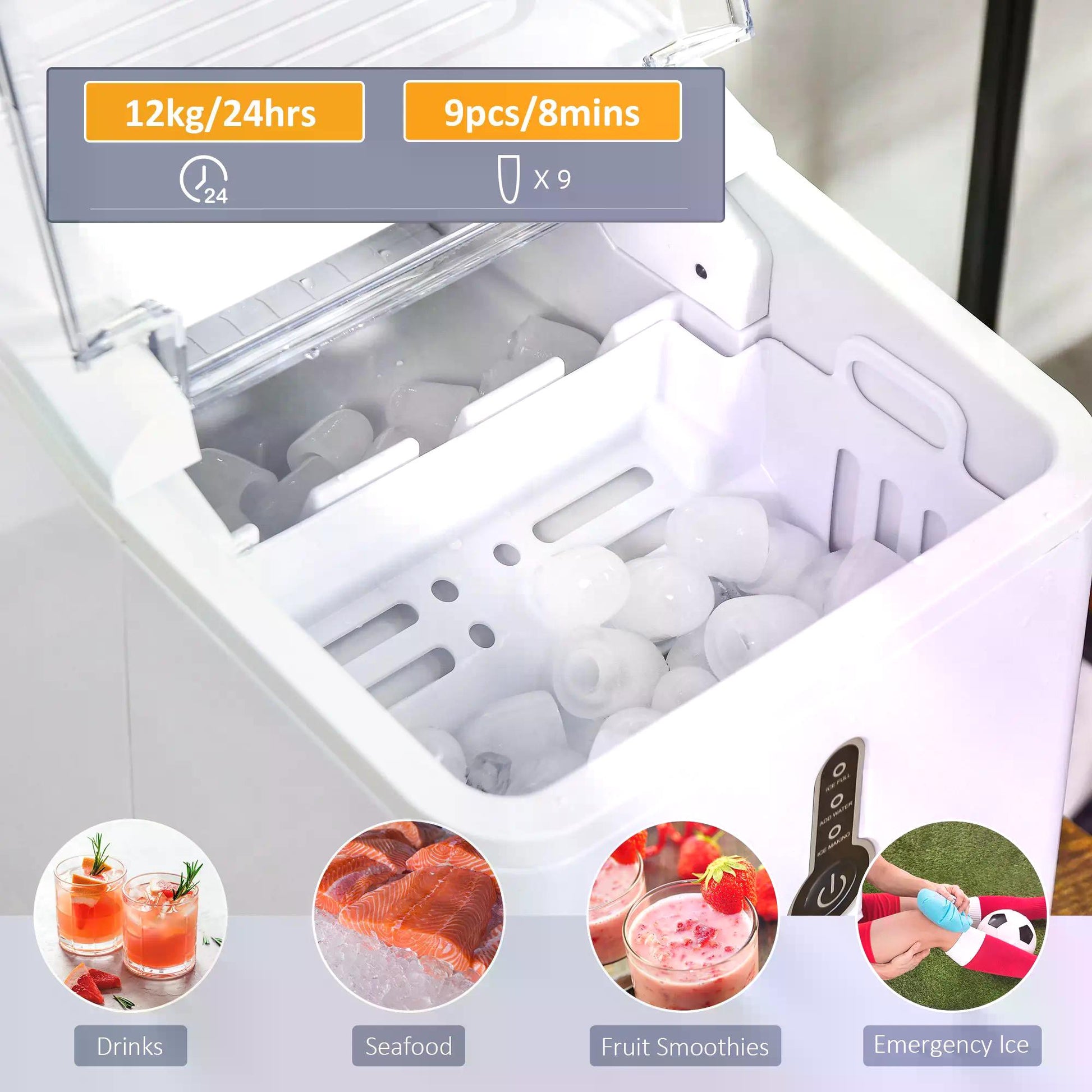 HOMCOM 12kg Ice Maker Machine | Counter Top Cube | Home Drink Equipment | 1.5L Self Clean Function w/ Basket Freestanding Kitchen Office Dining-White