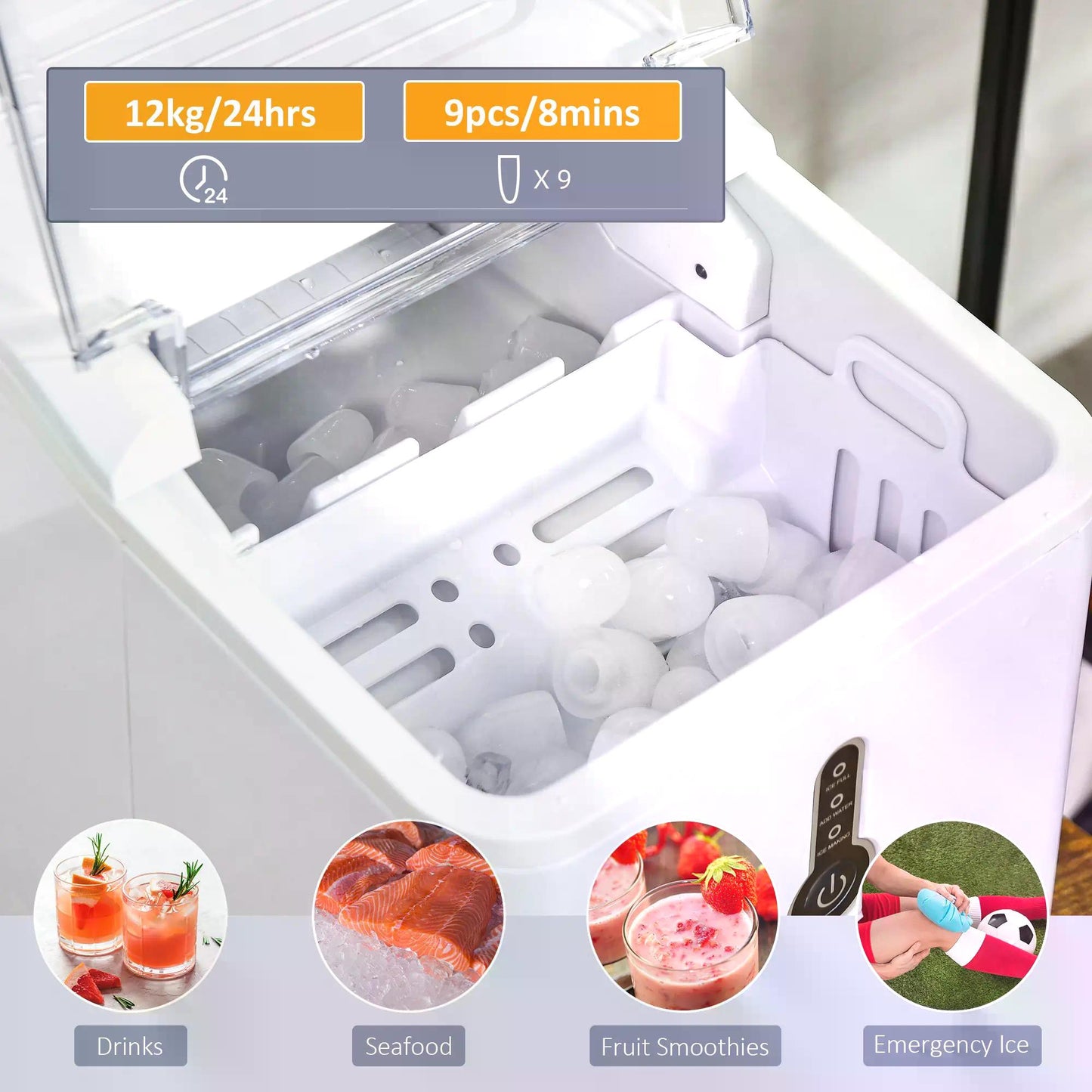 HOMCOM 12kg Ice Maker Machine | Counter Top Cube | Home Drink Equipment | 1.5L Self Clean Function w/ Basket Freestanding Kitchen Office Dining-White