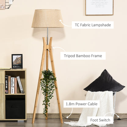HOMCOM Tripod Floor Lamp Light E27 Base Bedroom Living Room Natural Wood Fabric Shade Storage Shelf Foot Switch, 156cm, Beige