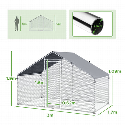 PawHut Large Chicken Coop, Galvanised Walk In Chicken Coop Hen House w/ Water-Resist Cover, 3 x 1.7 x 1.9m