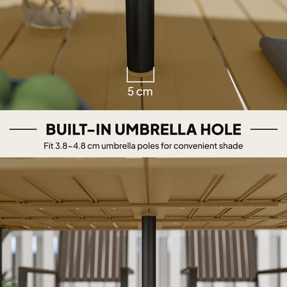 Outsunny Garden Dining Table for 6 Person, Rectangle Outdoor Coffee Table with 5 cm Parasol Hole, Slatted Tabletop and Steel Frame for Patio Balcony, Brown