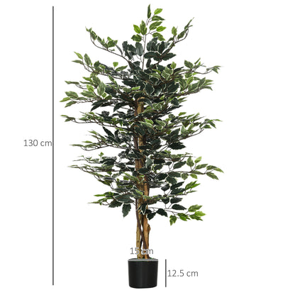 HOMCOM Artificial Ficus Tree in Pot, 130cm Tall Fake Plant with Lifelike Leaves and Natural Trunks, for Indoor Outdoor, Set of 2, Green