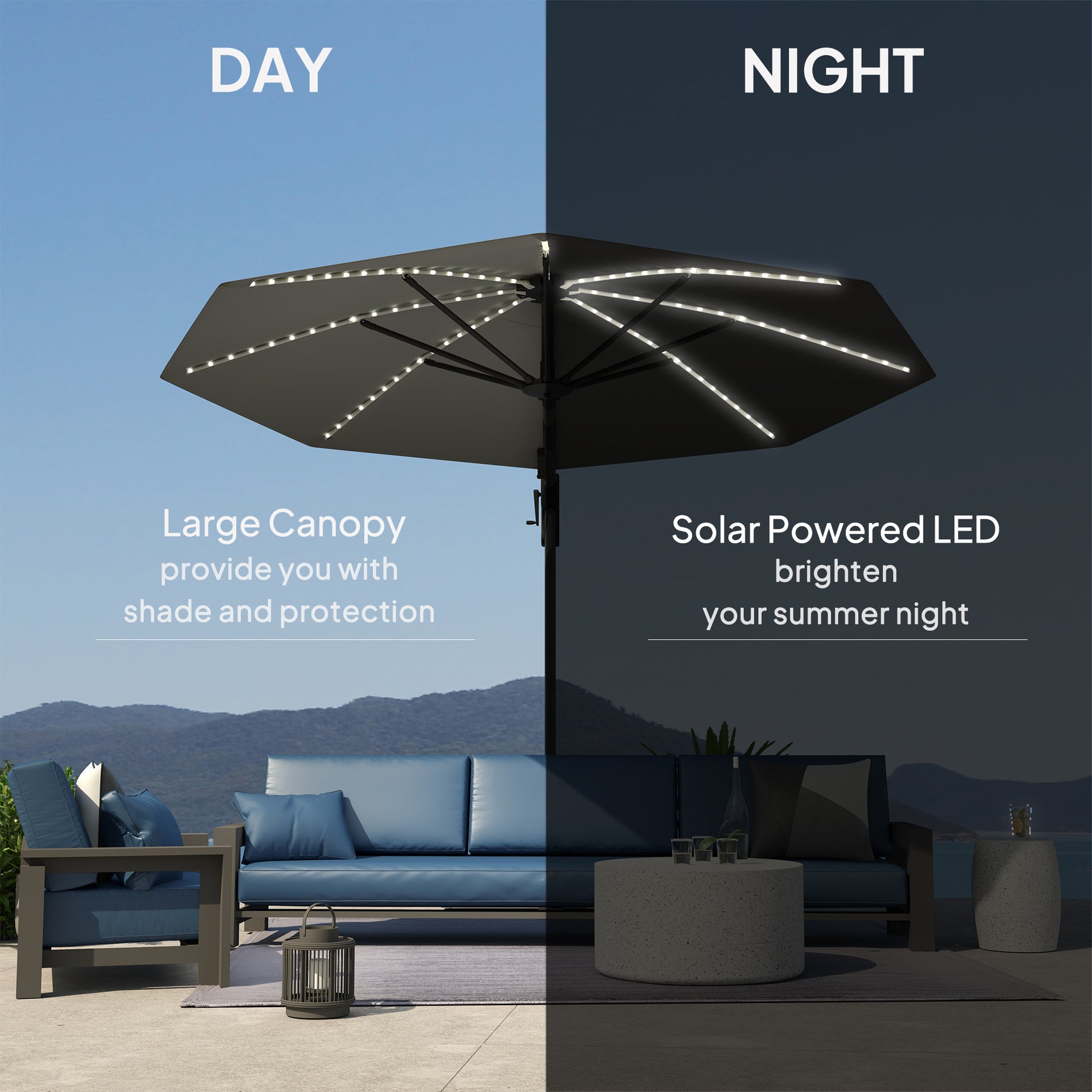 Outsunny 3(m) Cantilever Garden Parasol with Solar Powered Lights, Crank Handle & Cross Base, UPF 50+, 360° Rotation, Dark Grey
