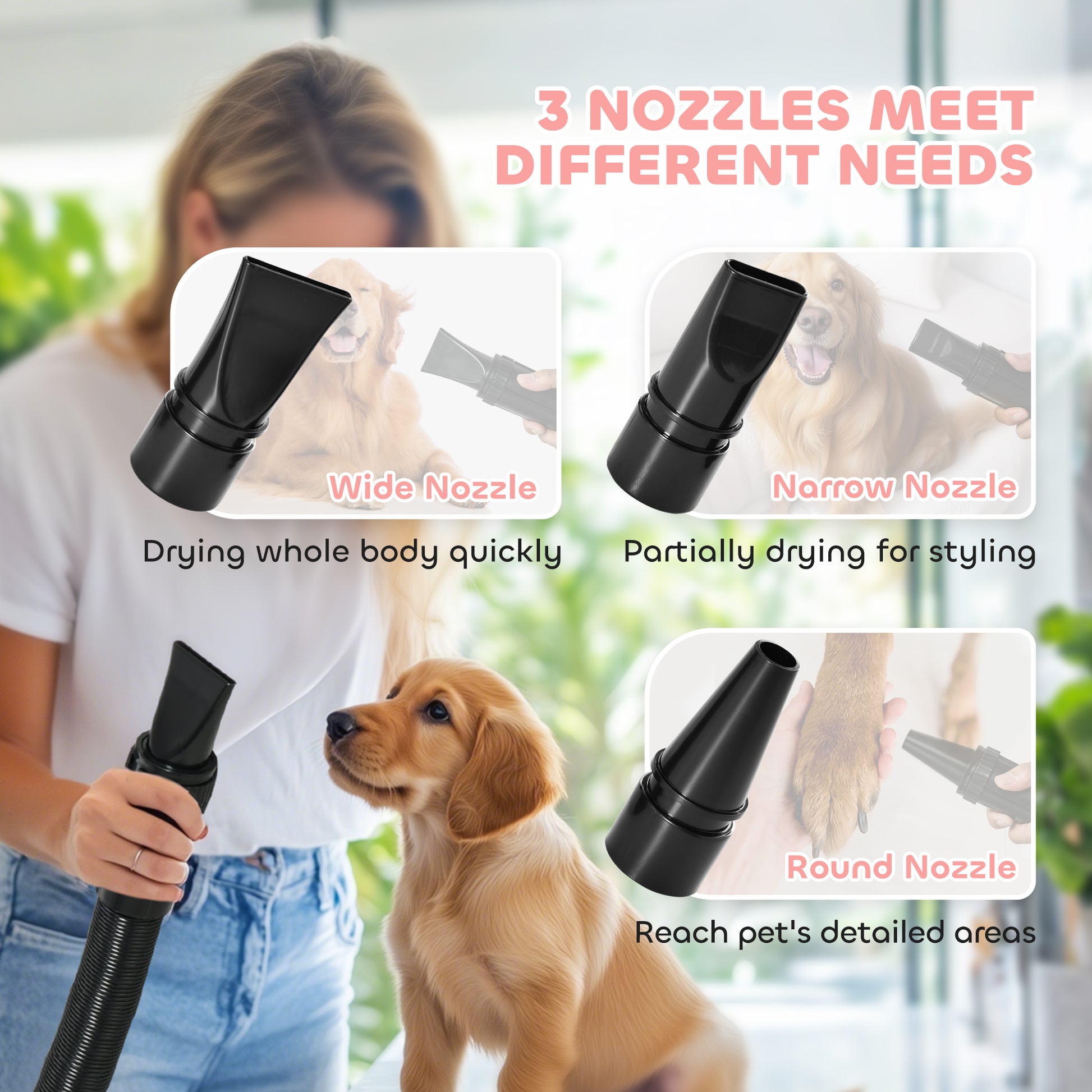 PawHut 2200W Dog Hair Dryer with Adjustable Temperature & Velocity, 3 Different Nozzles, Pink