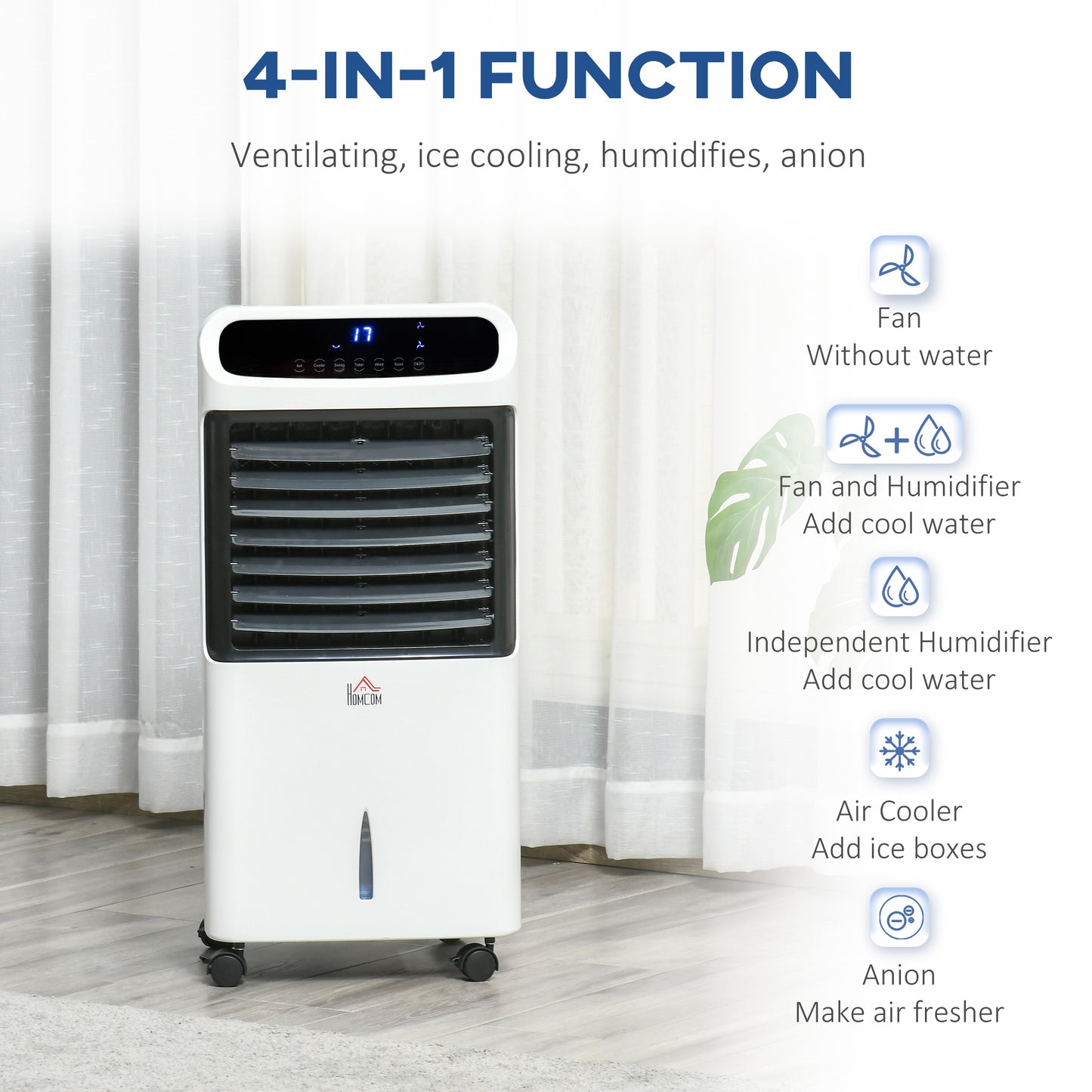 HOMCOM 32" Mobile Air Cooler, Evaporative Anion Ice Cooling Fan Water Conditioner Humidifier Unit w/3 Modes, Remote Controller, Timer for Home Bedroom