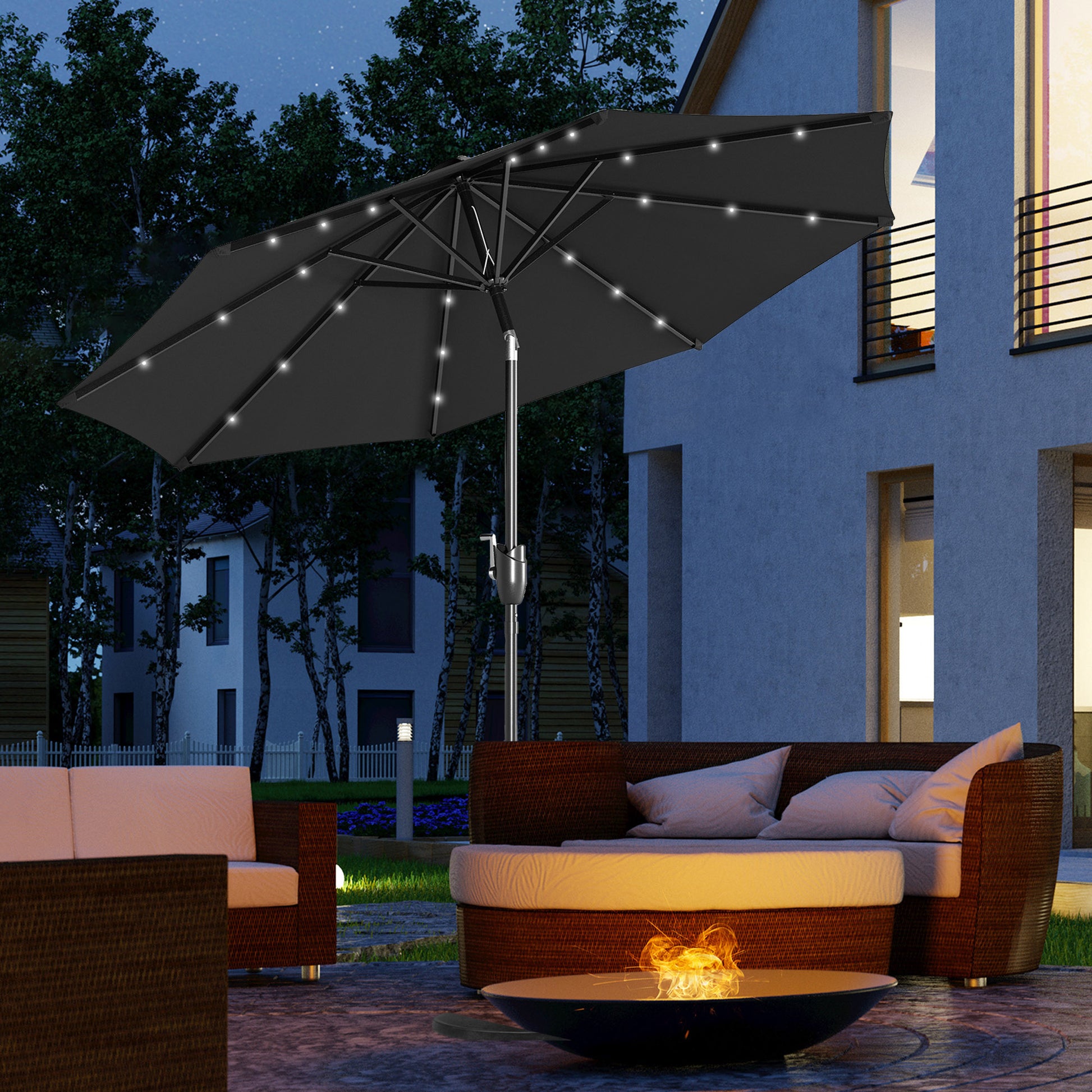 Outsunny ?2.7m Garden Parasol Solar Outdoor Tilt Sun Umbrella Patio Sun Shade w/ 24 LED Light, Hand Crank and 8 Ribs, Black