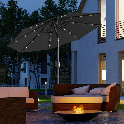 Outsunny ?2.7m Garden Parasol Solar Outdoor Tilt Sun Umbrella Patio Sun Shade w/ 24 LED Light, Hand Crank and 8 Ribs, Black