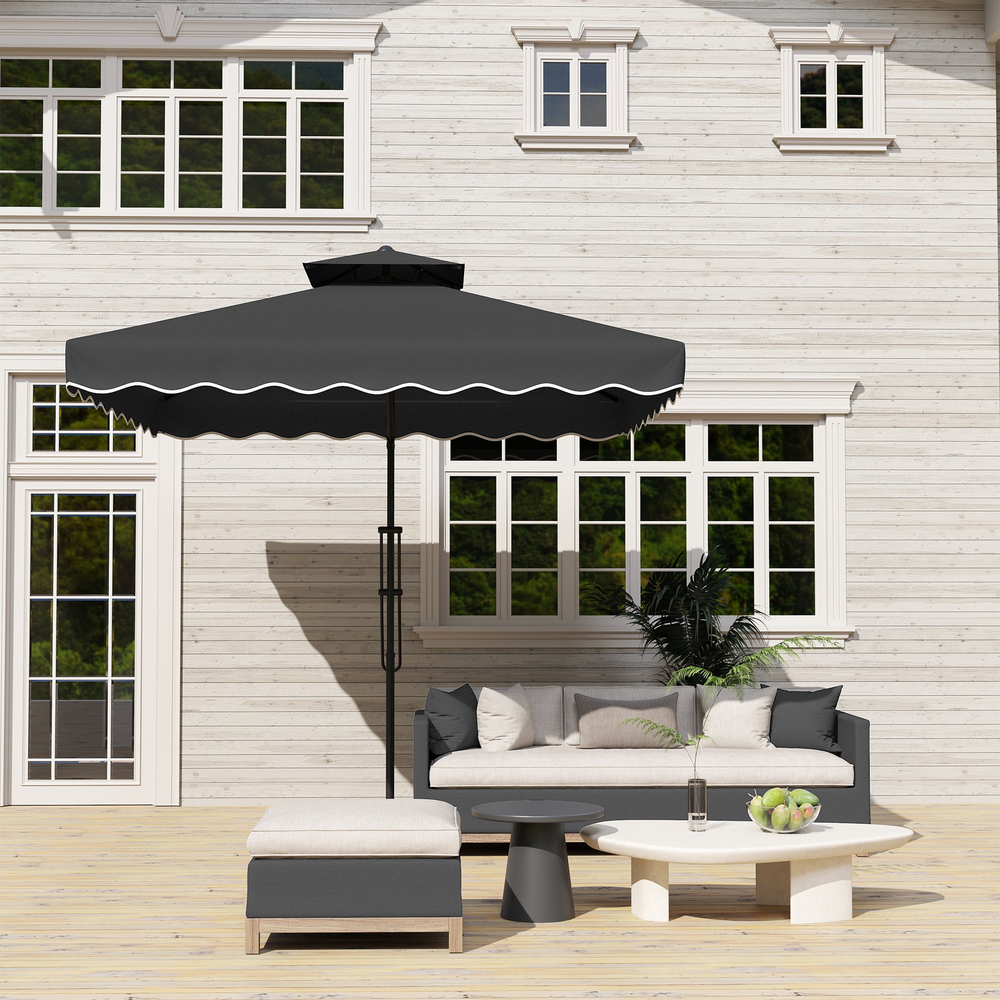 Outsunny 2.5m Cantilever Parasol with Easy Lever, Square Double Top Garden Parasol Umbrella with Ruffles and Cross Base, Overhanging Outdoor Sun Shades, Black