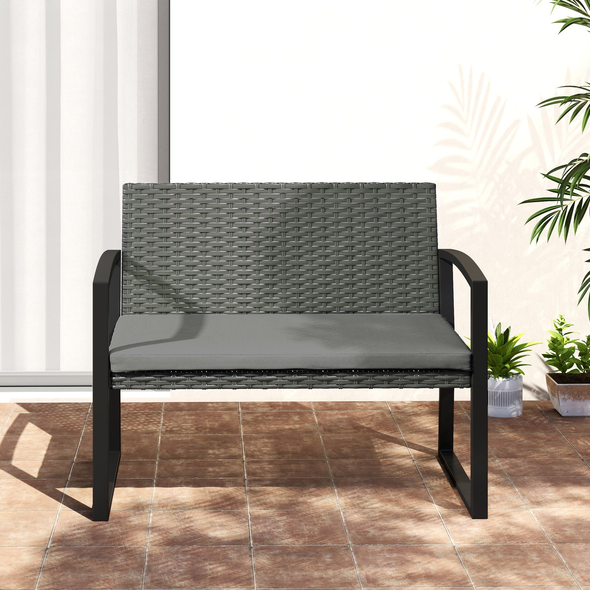 Outsunny Two-Seater Rattan Garden Bench - Grey/Black