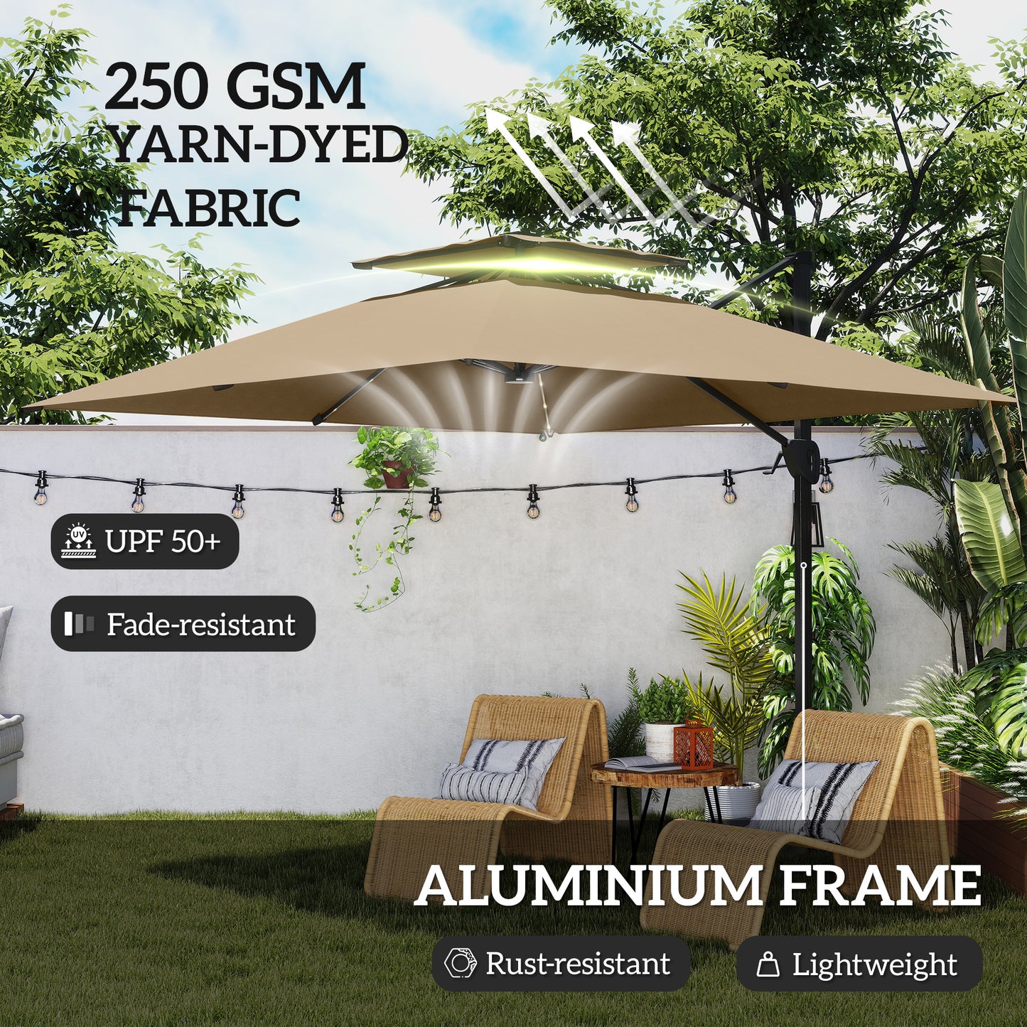 Outsunny 3.5x3 m Garden Cantilever Parasol with Solar LED Lights and Centre Light, UPF50+ Aluminium Patio Umbrella with 360° Rotation and Tilt, Hanging Sun Shade with Cross Base, Crank Handle, Khaki