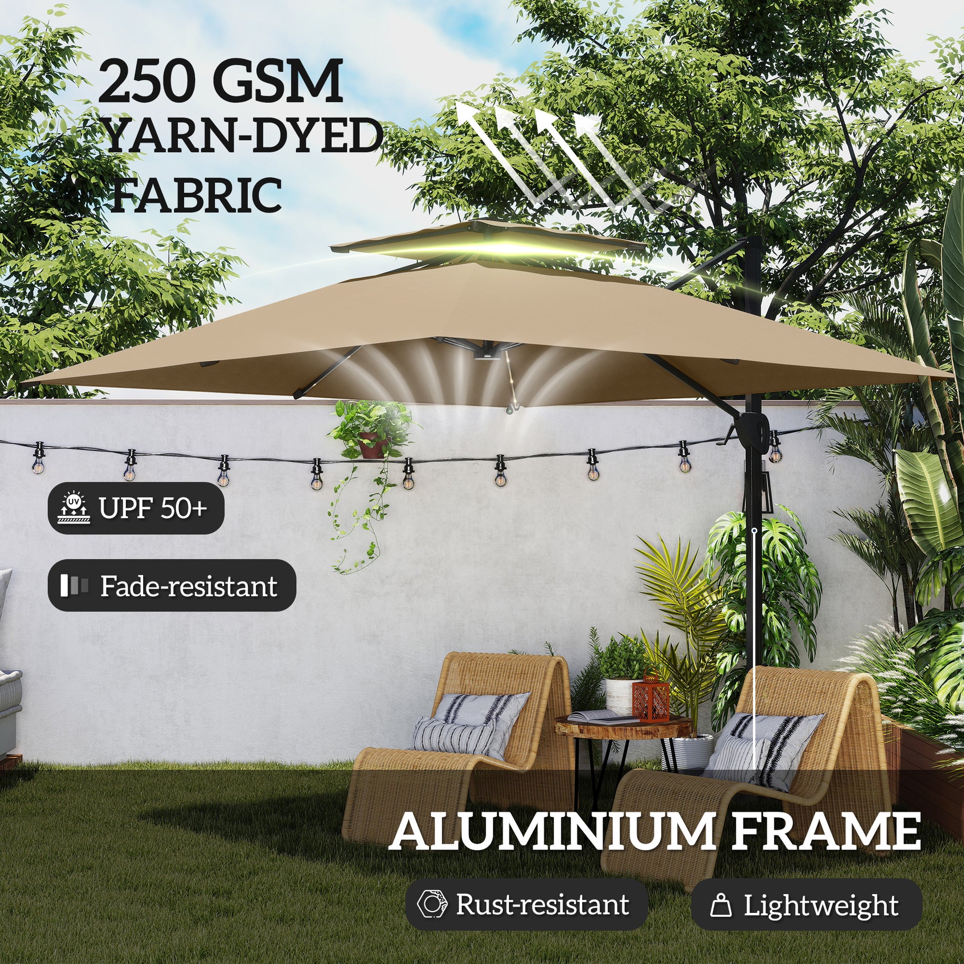 Outsunny 3.5x3 m Garden Cantilever Parasol with Solar LED Lights and Centre Light, UPF50+ Aluminium Patio Umbrella with 360° Rotation and Tilt, Hanging Sun Shade with Cross Base, Crank Handle, Khaki